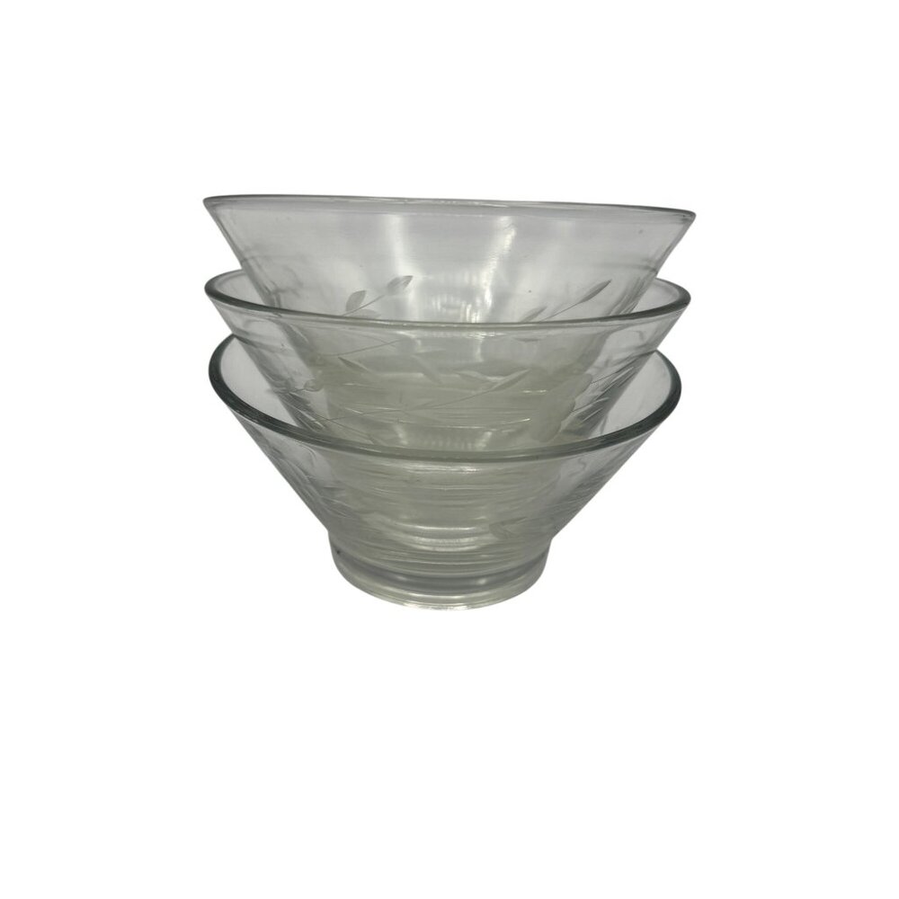 Princess House Floral Etched Clear Glass Dessert Bowls  Set Of 3